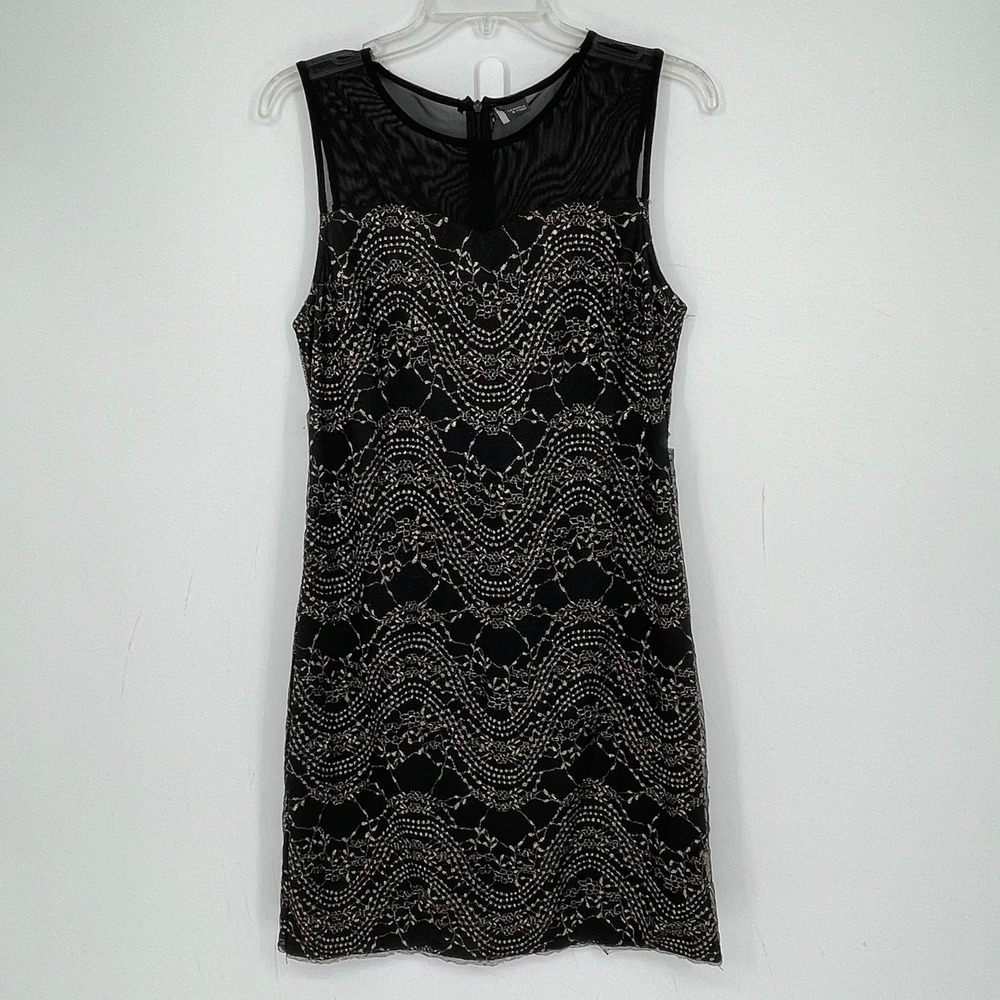 Sparkle & Fade Women's Black Gold Lace Mesh Sheer Yoke Mini Evening Dress Size L